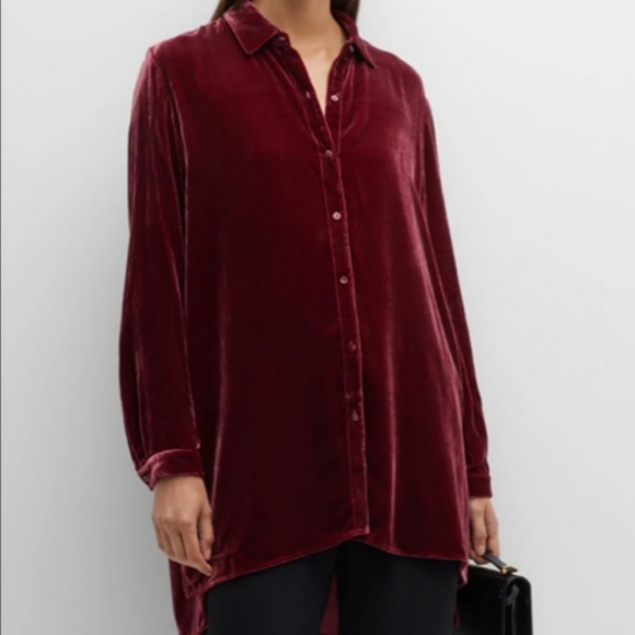 💞Eileen Fisher cranberry red velvet silk long sleeve button shirt women's New M